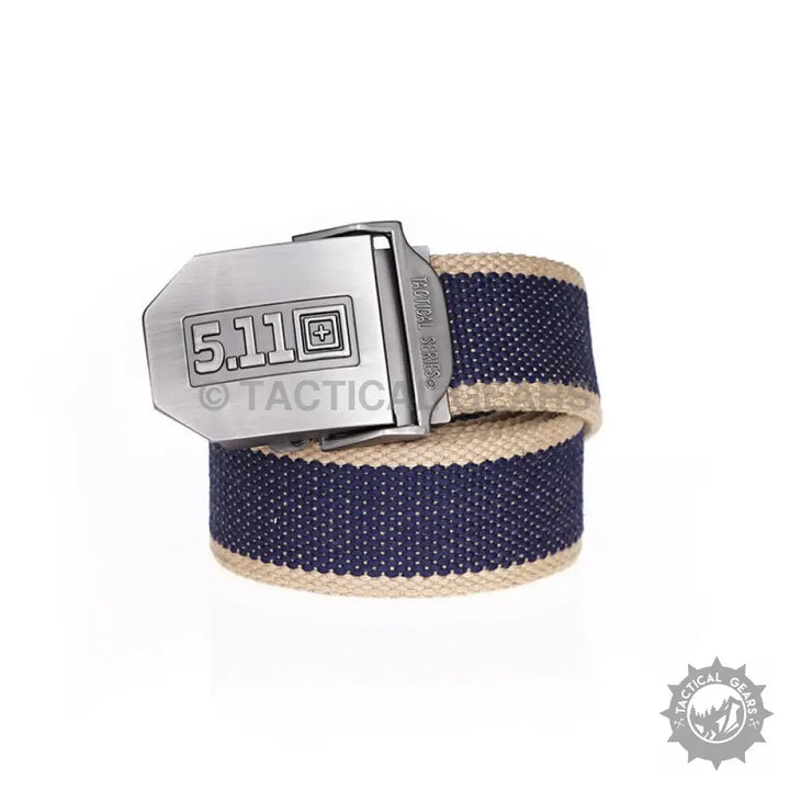 Navy and tan striped Canvas Belt with Silver Belt Buckle for 5.11 Tactical Belt