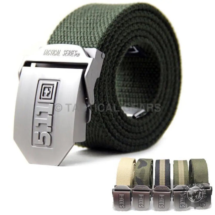 Dark green 5.11 Tactical Belt with silver belt buckle and quick-release mechanism