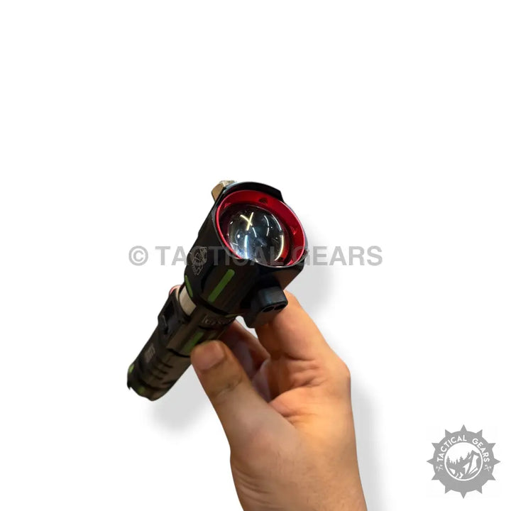 Black tactical emergency flashlight with red bezel and attachment point, 1km range