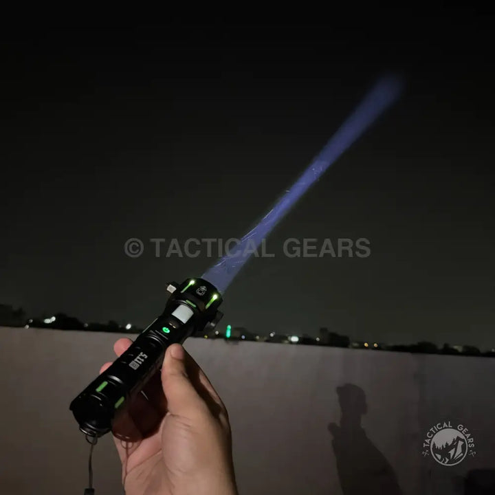 Black tactical emergency flashlight with 1km range emitting a strong blue beam of light
