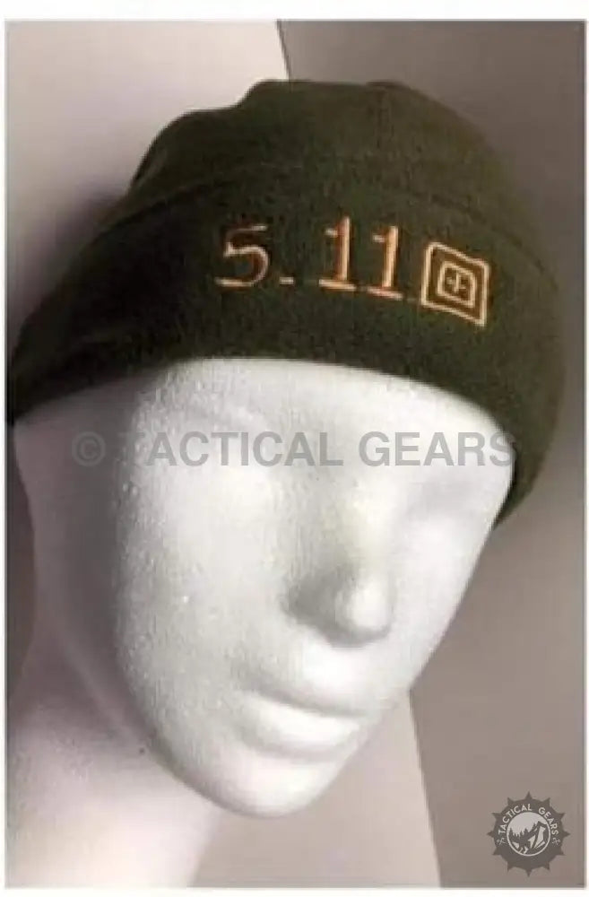 Dark green tactical woolen cap with 5.11 embroidery and gold square logo front