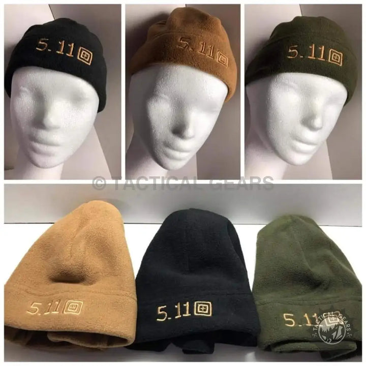 Three tactical woolen caps in black tan and olive green with 5.11 embroidery and square logo