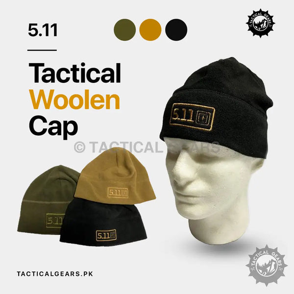 Tactical woolen cap display with olive green, tan, and black beanies on mannequin head