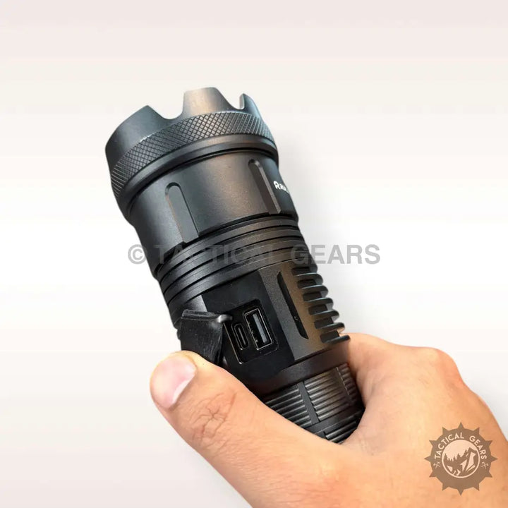 Black tactical flashlight with USB charging port and 5000 Lumens white laser light