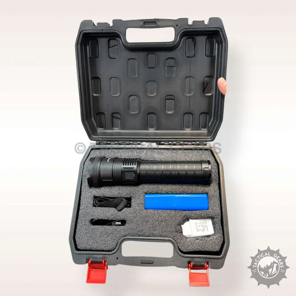 Black tactical flashlight with battery and charging cable in hard case for 5000 Lumens White Laser Flashlight