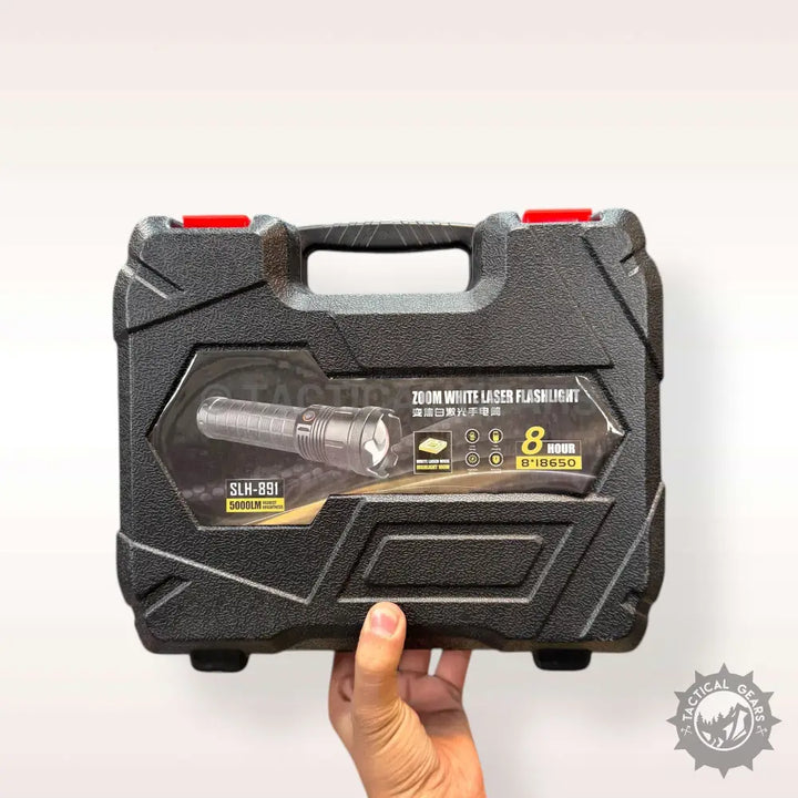 Black tactical flashlight with hard case for 5000 Lumens White Laser Flashlight use
