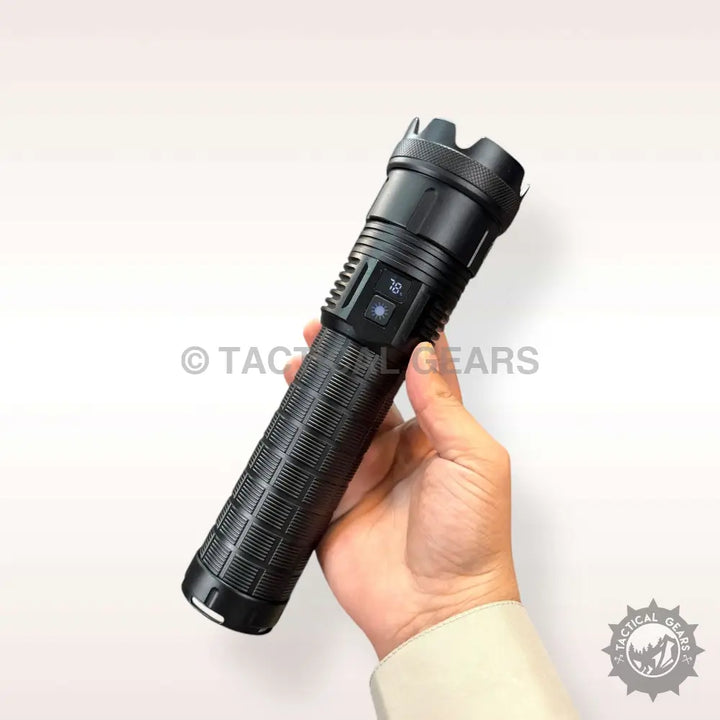 Black tactical flashlight with textured grip and multiple function buttons for 5000 Lumens White Laser Flashlight