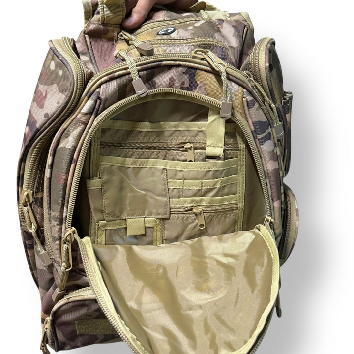 50L waterproof camouflage tactical backpack with multiple compartments and internal organizers