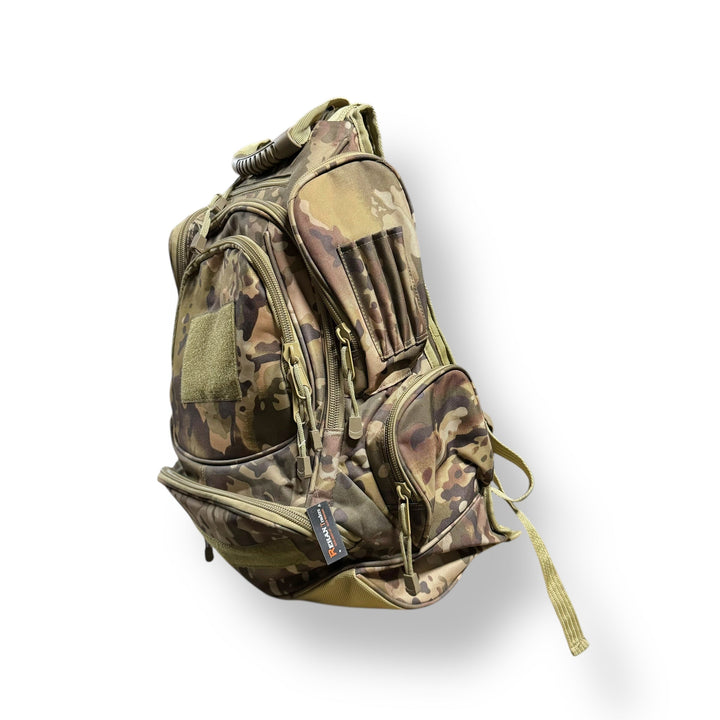 Camo tactical sling backpack with multiple compartments and webbing, 50L waterproof camouflage design