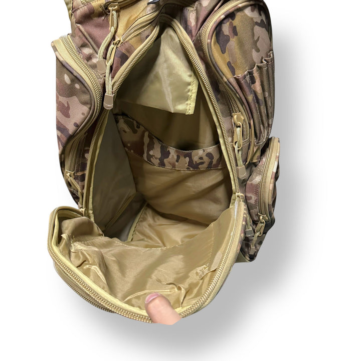 Open 50L waterproof camouflage tactical backpack with multiple compartments for outdoor use