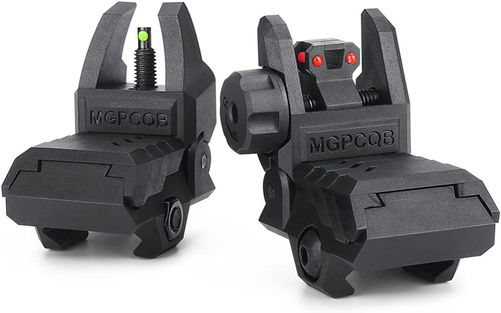 Black flip-up iron sights with fiber optic elements for firearms on M-LOK Handguard