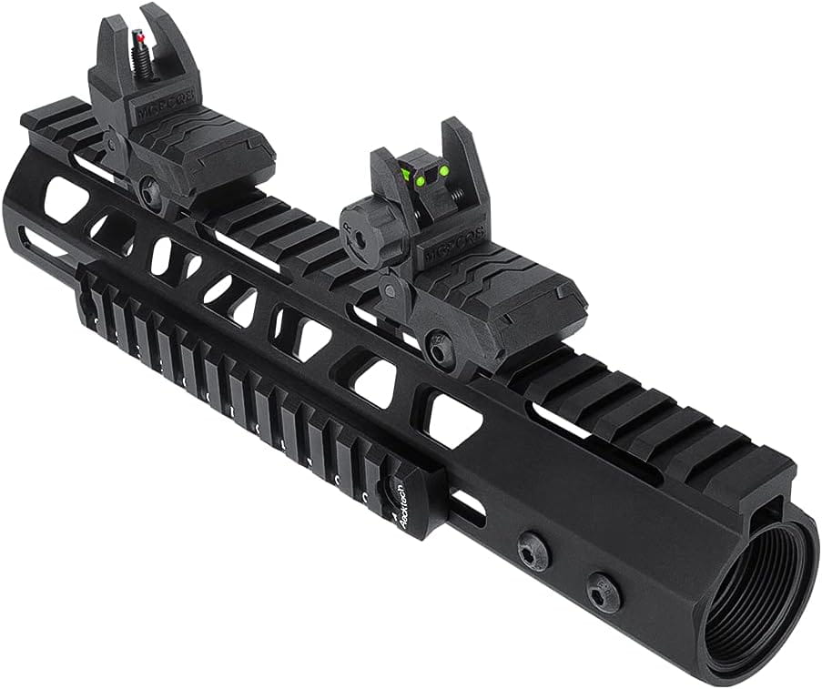 Black metal rifle handguard with fiber optic flip-up iron sights for M-LOK systems