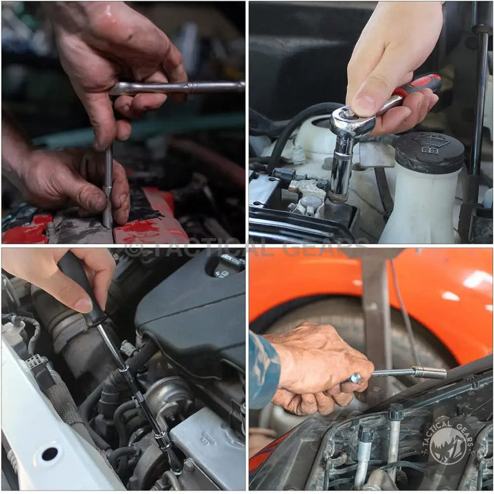 Hands using heavy duty car ratchet wrench socket set tools on engine parts in plastic box