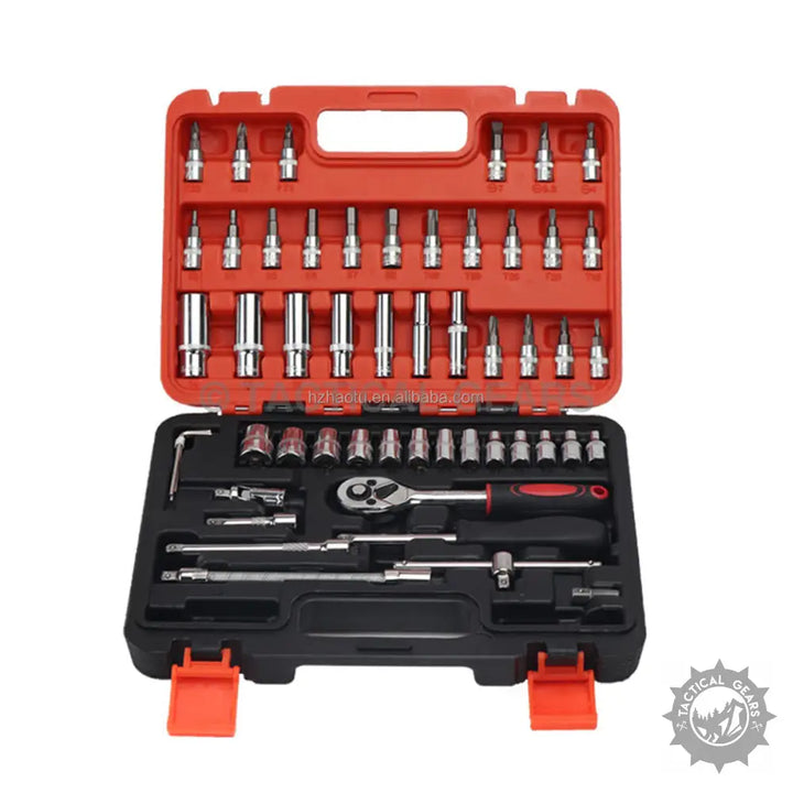 Heavy duty car ratchet wrench socket set in red and black plastic box for versatile repairs