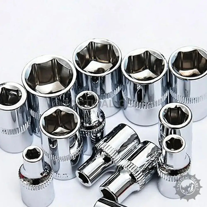 Shiny chrome-plated hex socket wrenches from 53pcs heavy duty car ratchet wrench socket set in plastic box