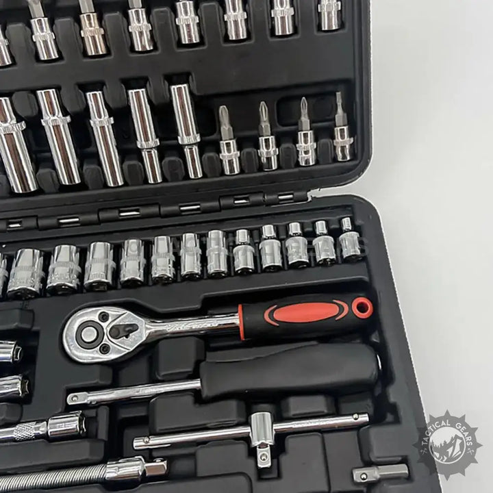 Heavy duty car ratchet wrench socket set in a plastic box for versatile repair tasks