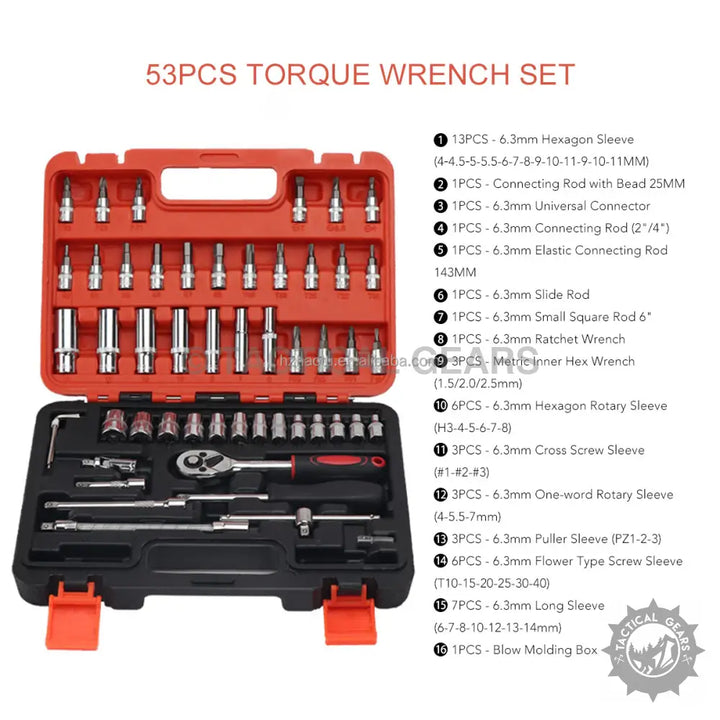 53pcs heavy duty car ratchet wrench socket set in red and black plastic box