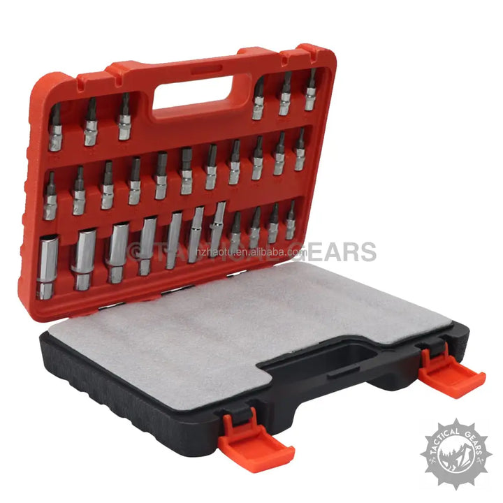 Open red and black heavy duty car ratchet wrench socket set with plastic box and bits