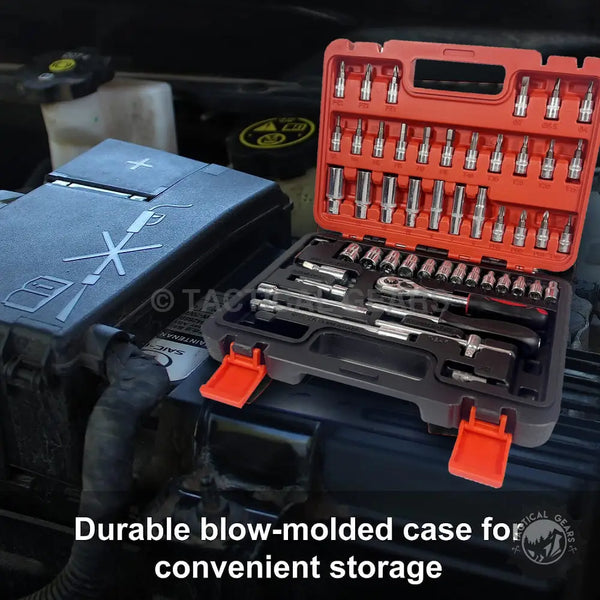 Automotive tools in durable plastic box for heavy duty car ratchet wrench socket set
