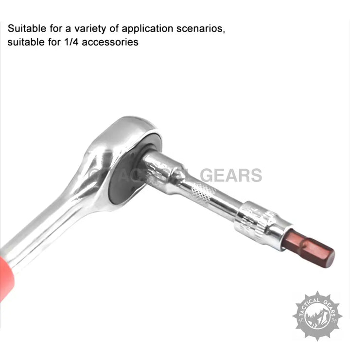 Silver heavy duty car ratchet wrench with red handle and hex bit adapter in plastic box
