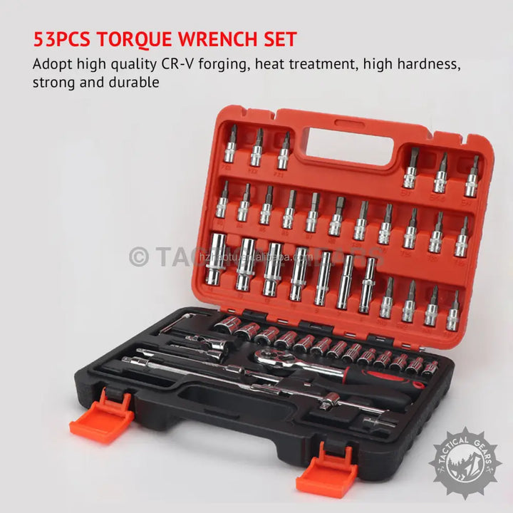 Heavy duty car ratchet wrench socket set with plastic box and variety of sockets and bits