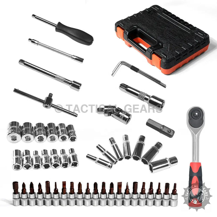 Heavy duty car ratchet wrench socket set with plastic box and various wrenches and bits