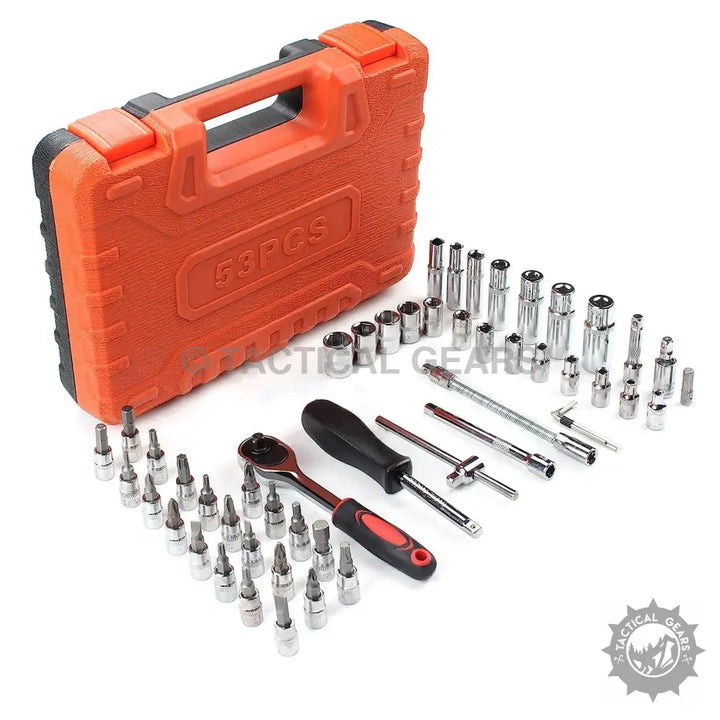 Orange plastic box with 53pcs heavy duty car ratchet wrench socket set and extensions