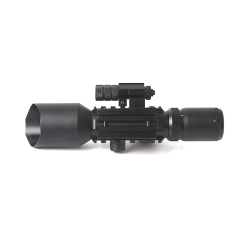 Black metal rail mount rifle scope with illuminated reticle and laser sight for precision shooting