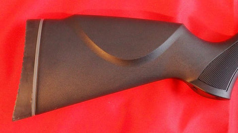 Dark-colored rifle stock with textured grip and rubber buttpad for High Force Silenced Air Rifle