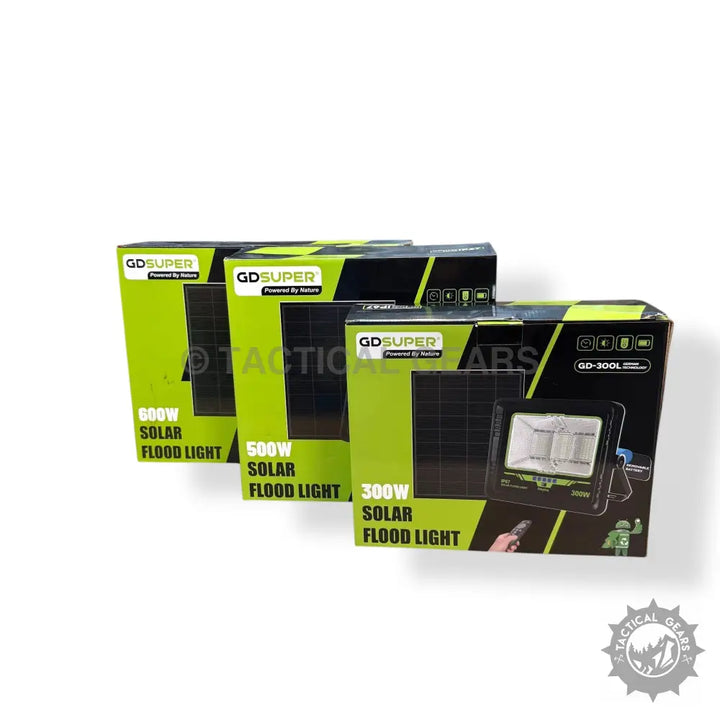 Set of three GD Super solar flood lights with LED beads, solar panel, and 600w solar capacity