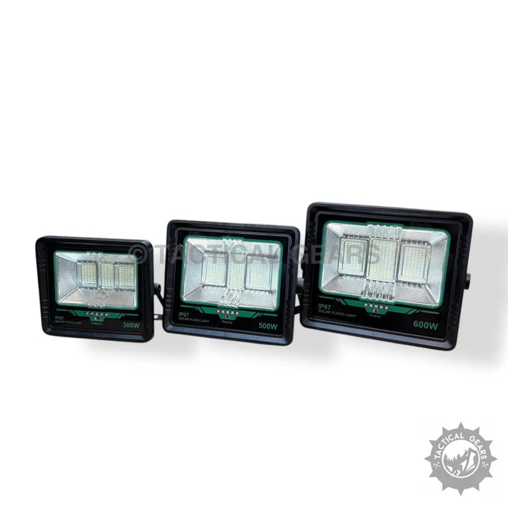 600w Solar Floodlight with LED Beads and Solar Panel, black floodlights with green accents