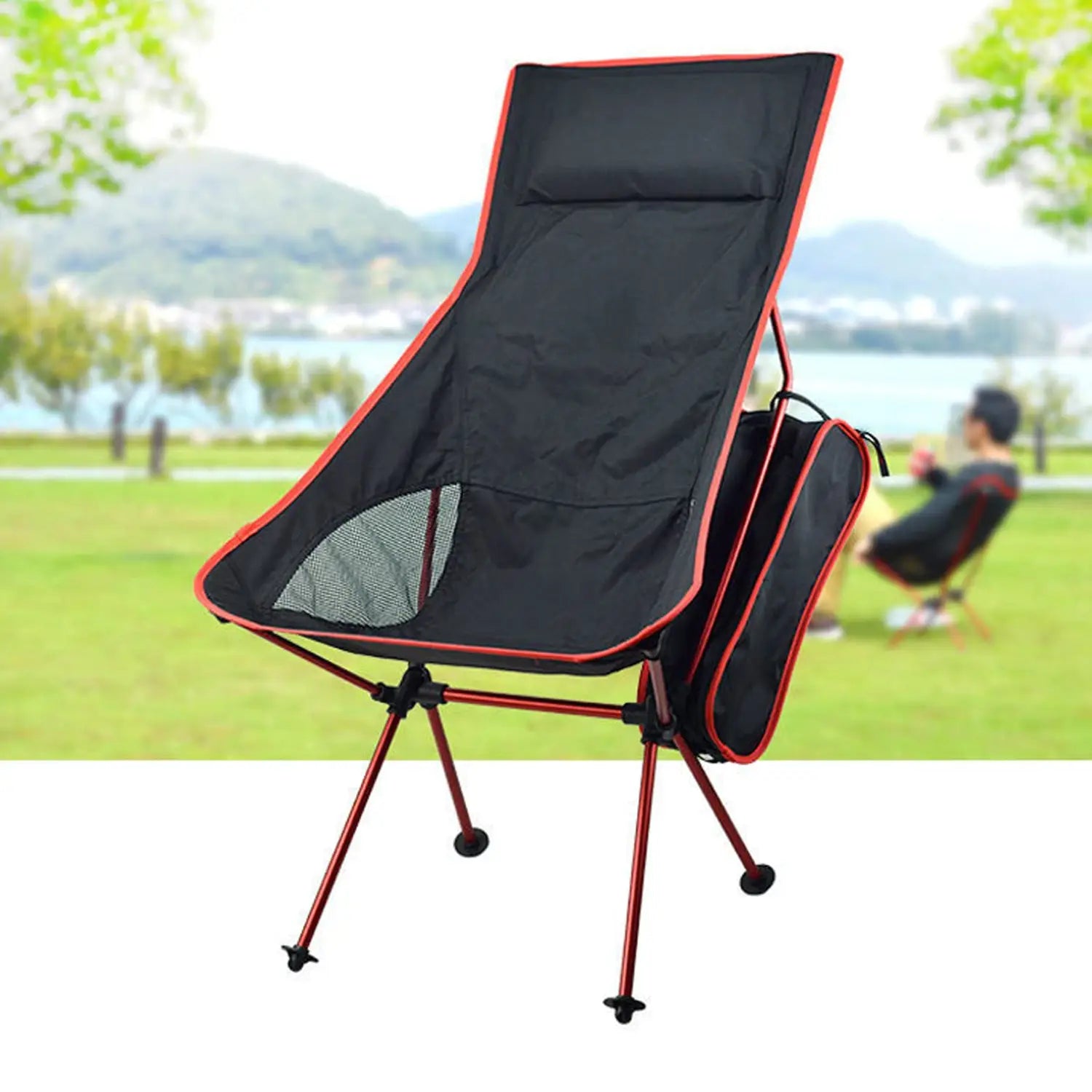 Black and red camping folding chair with headrest and side pocket for outdoor camping