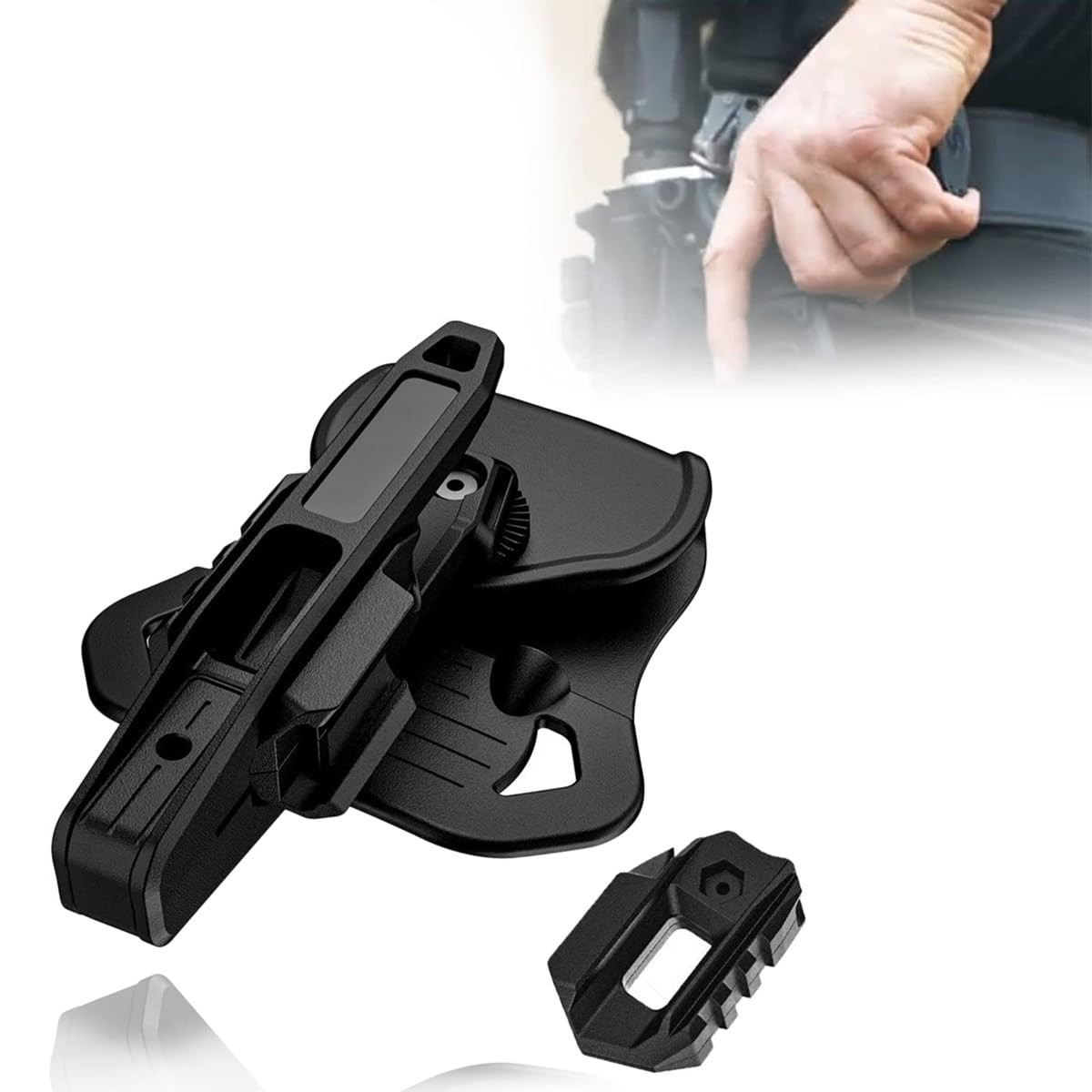 Black polymer universal belt holster with adjustable belt clip and rail mount