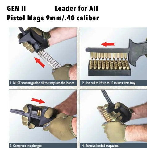 Black firearm magazine loader with instructions for 9mm/.40 caliber pistol magazines, Universal Rifle Speed Loader