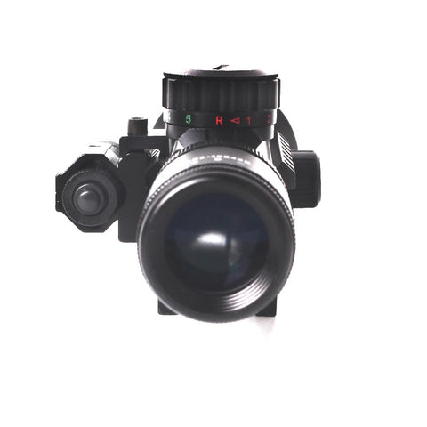 Black tactical rail mount rifle scope with illuminated reticle for precise targeting