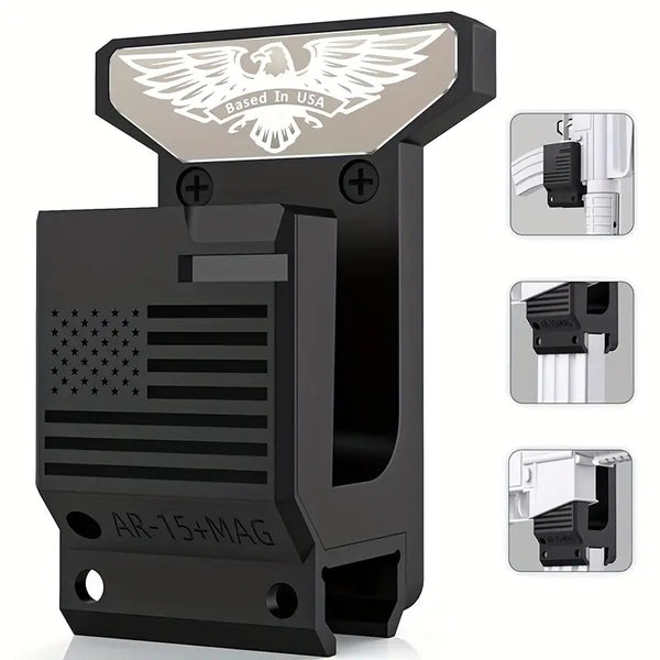 Black AR-15 magazine holder with American flag design wall mounted holster