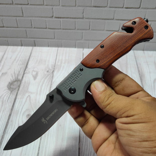 Browning DA308 Tactical Knife with gray blade, wooden handle, lanyard hole, glass breaker