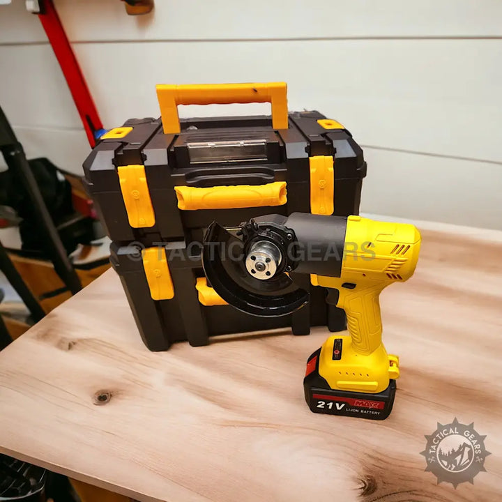 Yellow and black cordless angle grinder with 21V rechargeable battery in 7-in-1 Tools Set