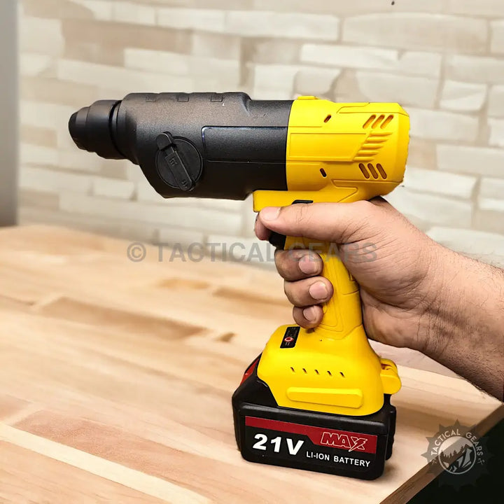 Cordless rotary hammer drill with black and yellow body and 21V rechargeable Li-ion battery