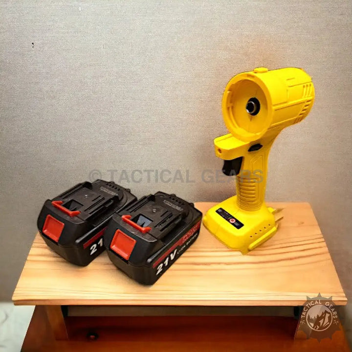 Yellow handheld electric blower with two black 21V rechargeable batteries from 7-in-1 21V Rechargeable Tools Set