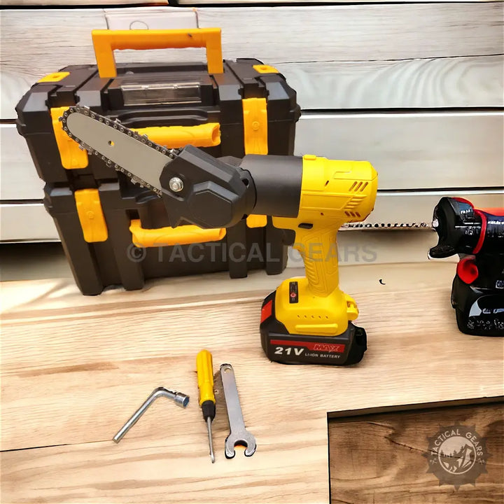 Yellow cordless drill with mini chainsaw attachment from 7-in-1 21V rechargeable tools set