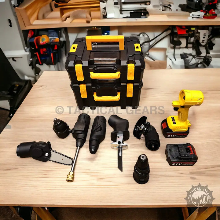 21V Rechargeable Power Tool Set with interchangeable heads in a black and yellow case