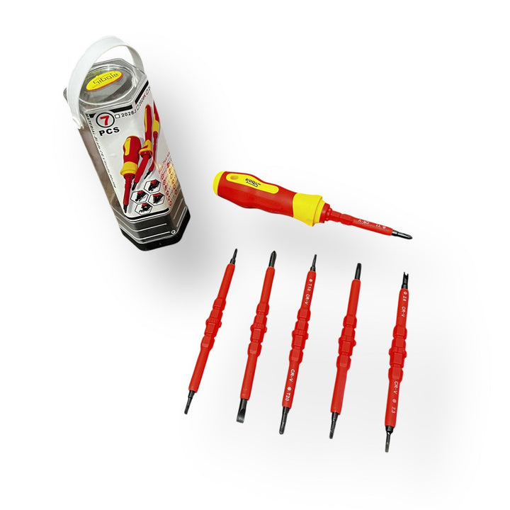Red and yellow insulated screwdriver set with interchangeable bits for versatile repairs