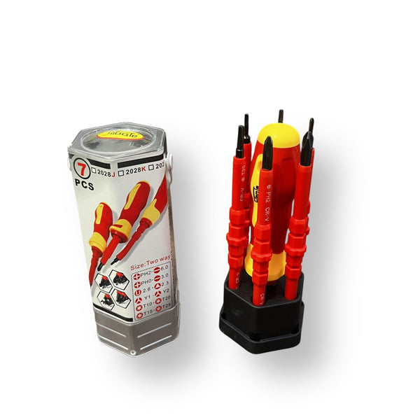 Insulated screwdriver set with interchangeable bits organized in a case and stand