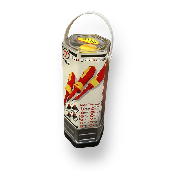 7 Piece Screwdriver Set with two-way screwdrivers featuring red and yellow handles