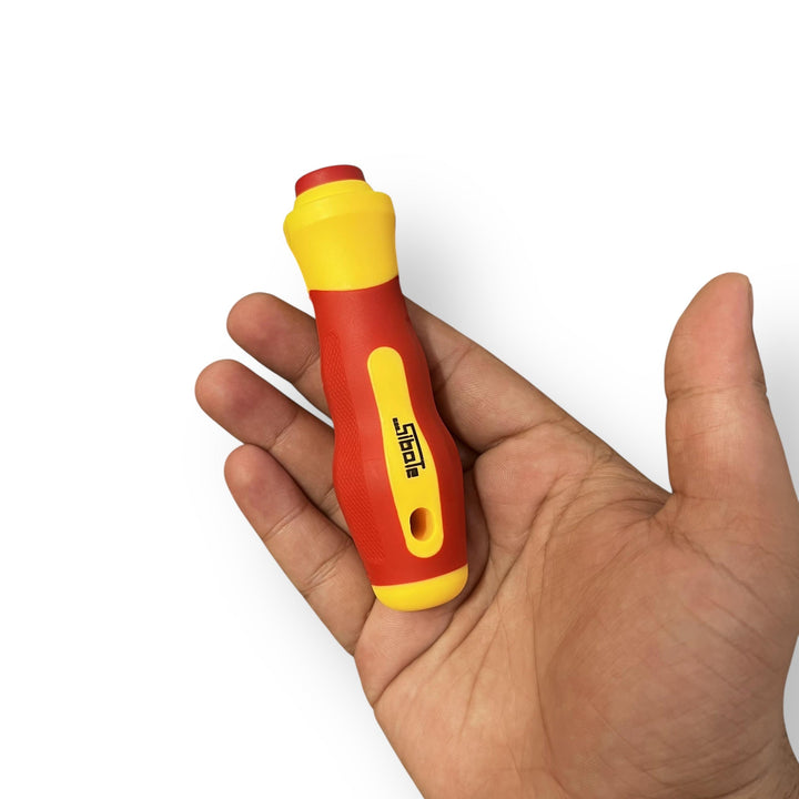 Red and yellow insulated screwdriver handle from a 7 Piece Screwdriver Set for safety and durability