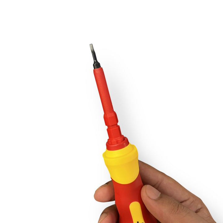 Red and yellow insulated screwdriver with flat head tip from 7 Piece Screwdriver Set