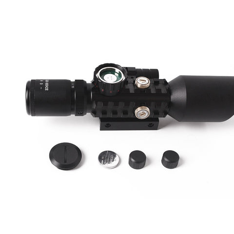Illuminated Reticle Rifle Scope with Side-Mounted Bubble Level and Rail Mount