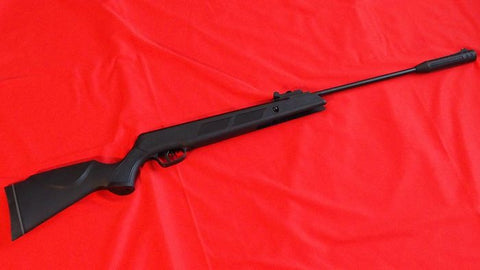 Black air rifle with long barrel and synthetic stock from High Force Silenced Air Rifle series emphasizing safety