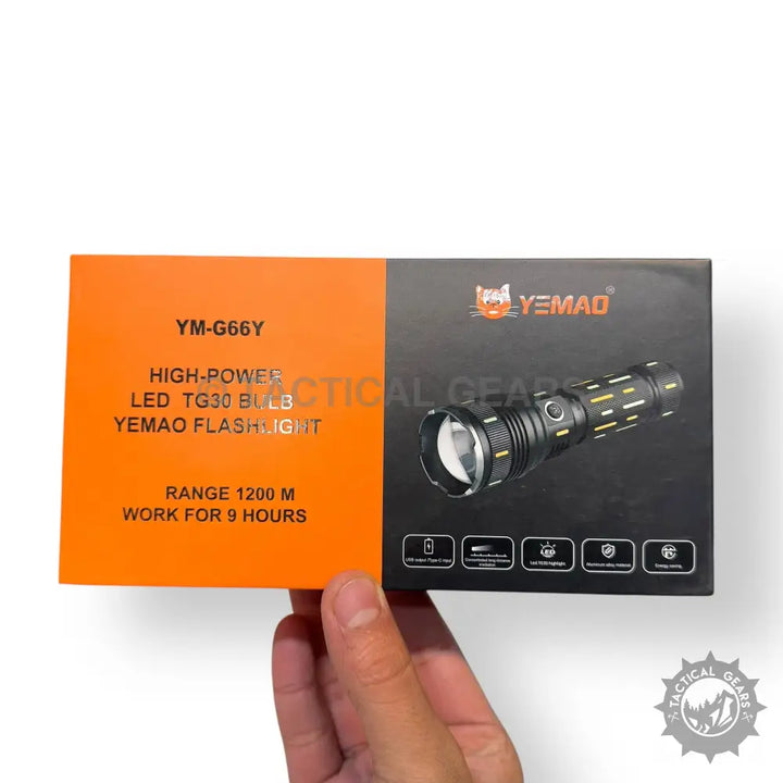 8000mAh Rechargeable Powerful Flashlights in orange and black retail packaging